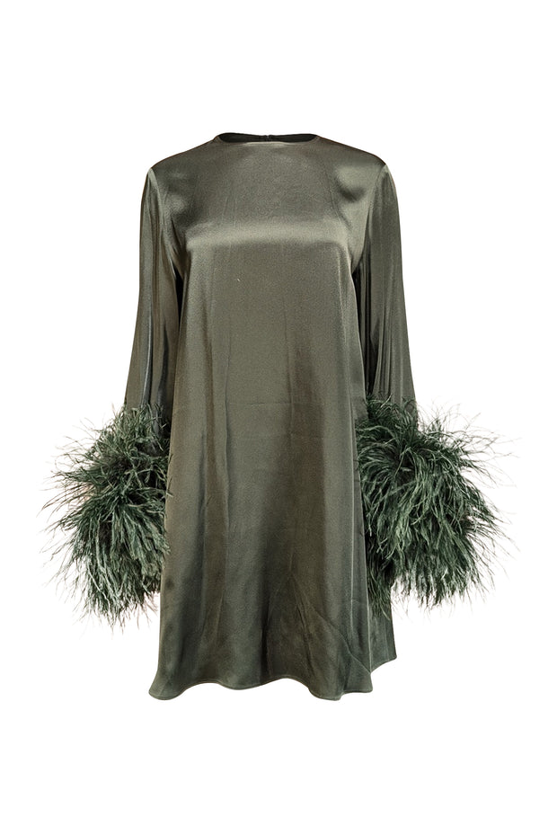 Lapointe - Green Satin Shift Dress w/ Feather Cuffs Sz S Lapointe - Green Satin Shift Dress w/ Feather Cuffs Sz S