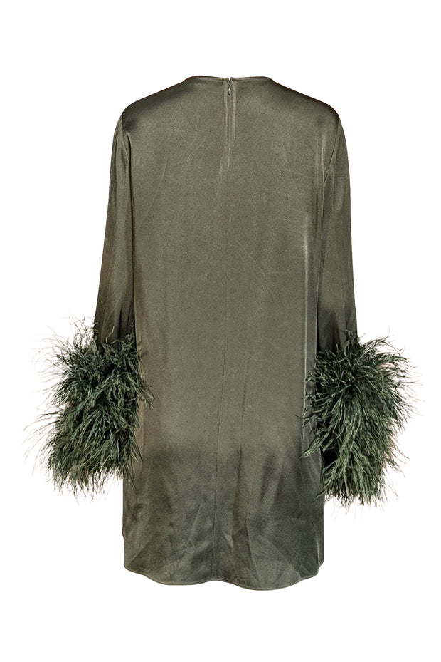 Lapointe - Green Satin Shift Dress w/ Feather Cuffs Sz S Lapointe - Green Satin Shift Dress w/ Feather Cuffs Sz S