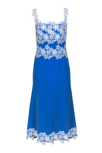 Lela Rose - Blue Sleeveless Dress w/ White Lace Appliques Sz 6 Lela Rose - Blue Sleeveless Dress w/ White Lace Appliques Sz 6
