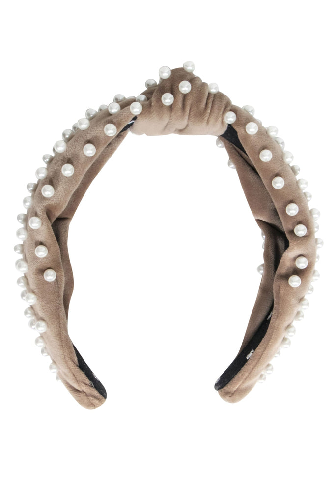 Lele Sadoughi - Beige Velvet Headband w/ Pearl Accents display picture 1