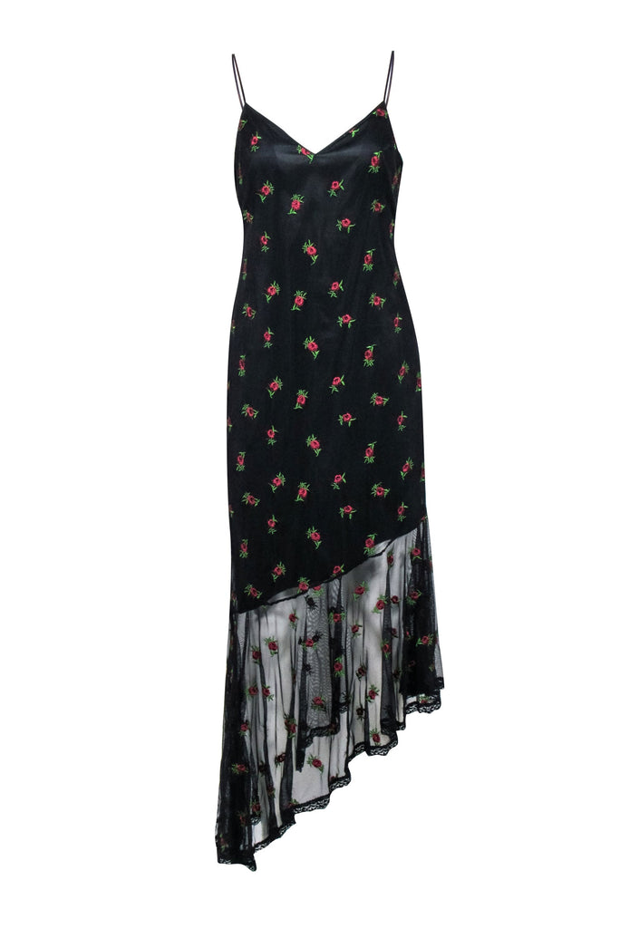 Likely - Black w/ Pink Floral Embroidered Mesh Asymmetrical Hem Dress Sz 10 Likely - Black w/ Pink Floral Embroidered Mesh Asymmetrical Hem Dress Sz 10