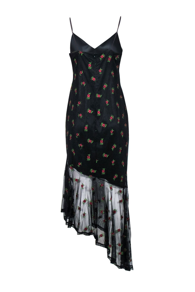 Likely - Black w/ Pink Floral Embroidered Mesh Asymmetrical Hem Dress Likely - Black w/ Pink Floral Embroidered Mesh Asymmetrical Hem Dress