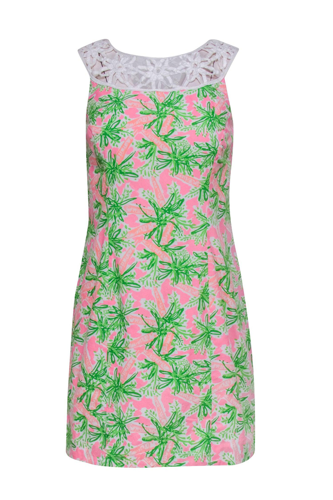 Lilly Pulitzer - Neon Pink & Green Garden Print Dress w/ Lace Details Lilly Pulitzer - Neon Pink & Green Garden Print Dress w/ Lace Details