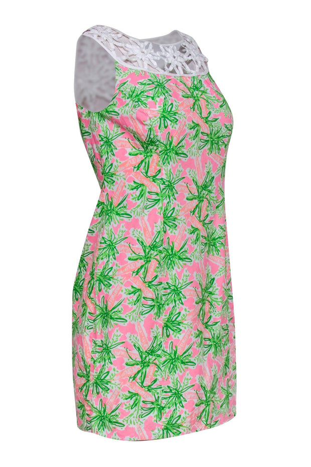 Lilly Pulitzer - Neon Pink & Green Garden Print Dress w/ Lace Details Lilly Pulitzer - Neon Pink & Green Garden Print Dress w/ Lace Details