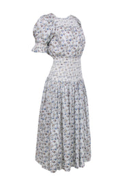 Current Boutique-Loeffler Randall - White w/ Blue, Green, & Tan Floral Print Smoked Detail Dress Sz XS