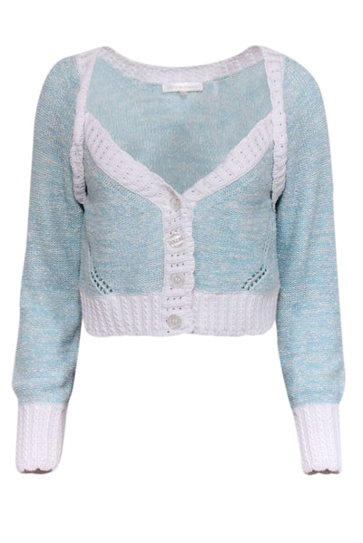 Current Boutique-LoveShackFancy - Light Blue & Ivory Cropped Knit Cardigan Sz L