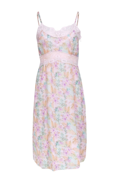 Current Boutique-LoveShackFancy - Pink Multicolor Hawaiian Floral Print Dress w/ Lace Trim Sz 4