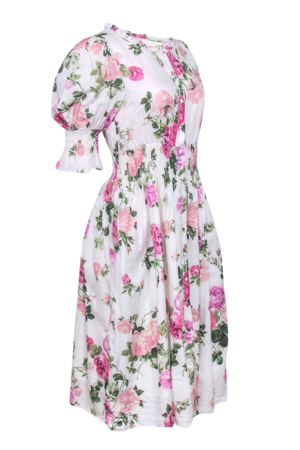 Current Boutique-LoveShackFancy - White w/ Pink Rose Print Midi Dress Sz XS