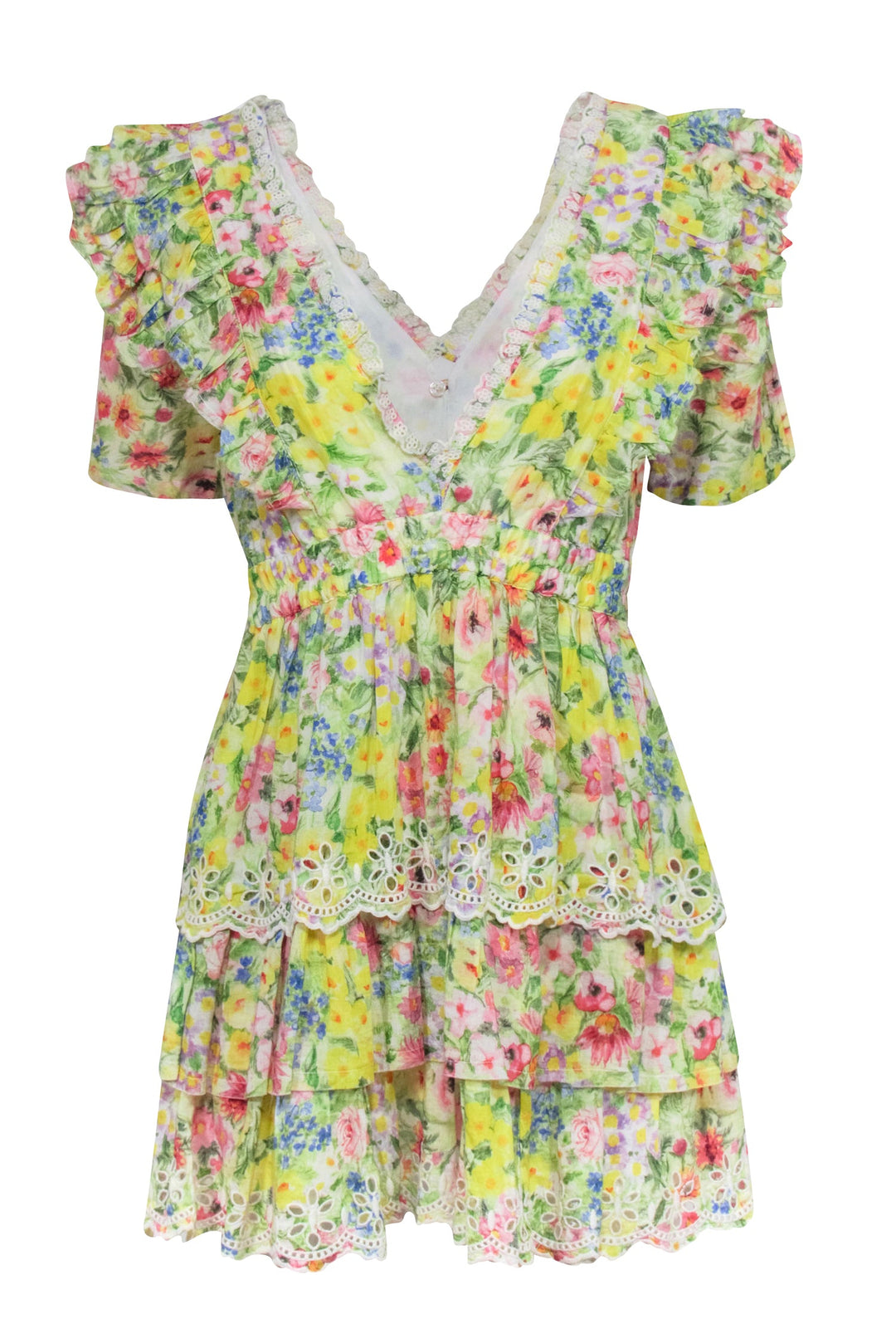 LoveShackFancy - Yellow Multicolor Floral Print Dress w/ Eyelet Trim S LoveShackFancy - Yellow Multicolor Floral Print Dress w/ Eyelet Trim S