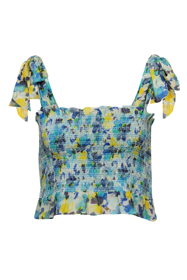 Current Boutique-LoveShackFancy - Blue, Yellow, & Beige Smocked Tie Shoulder Top Sz M