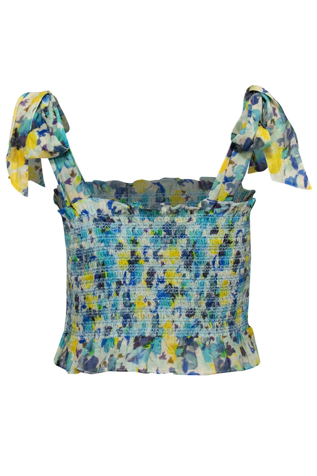 Current Boutique-LoveShackFancy - Blue, Yellow, & Beige Smocked Tie Shoulder Top Sz M