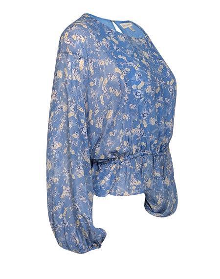 Current Boutique-LoveShackFancy - Light Blue w/ Yellow Floral Print Silk Chiffon Blouse Sz XS