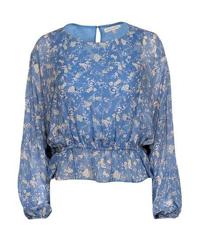Current Boutique-LoveShackFancy - Light Blue w/ Yellow Floral Print Silk Chiffon Blouse Sz XS