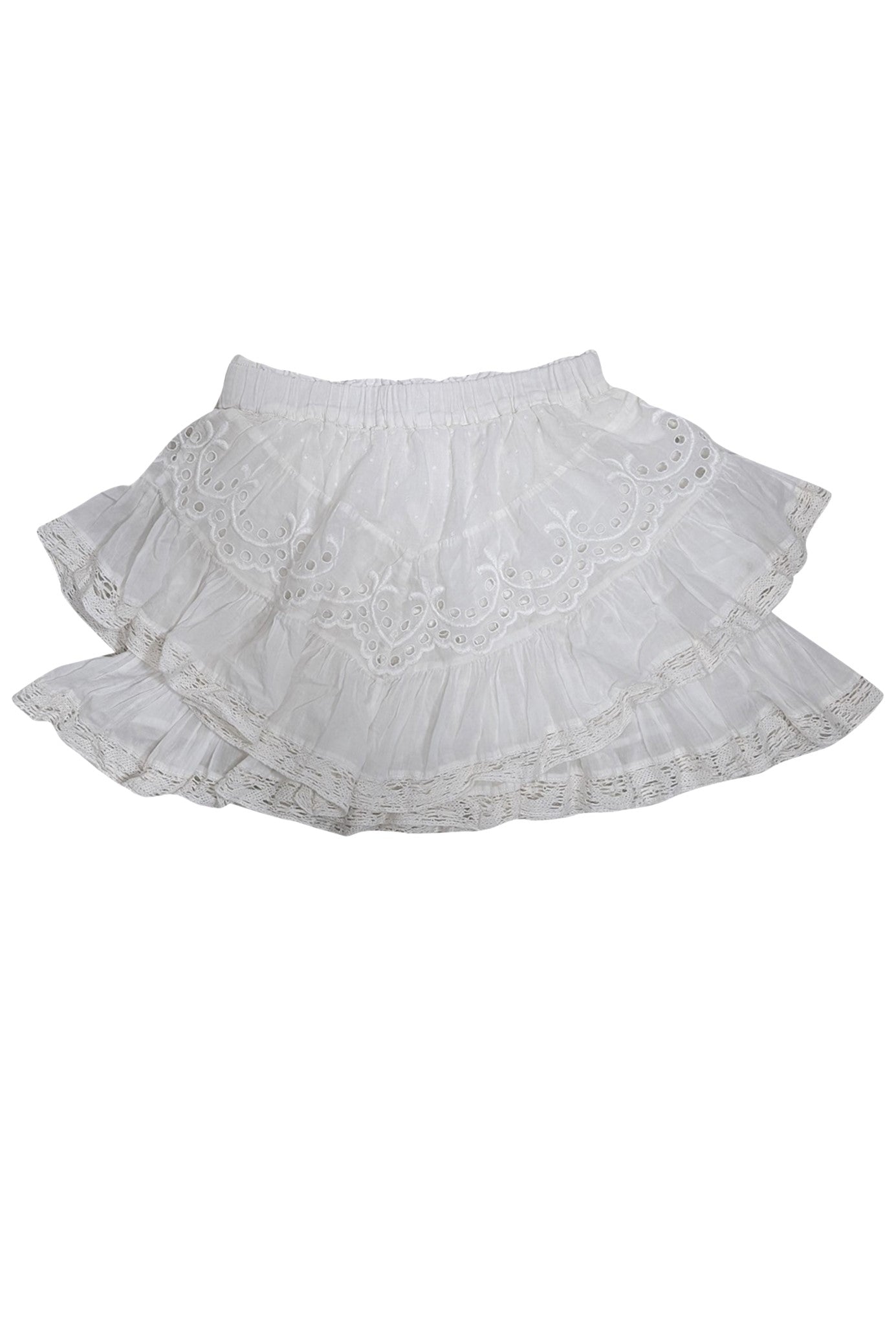 LoveShackFancy White Ruffled Mini Skirt w/ Eyelet Lace Trim Sz