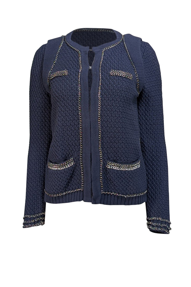 Current Boutique-Maje - Navy Cotton & Wool Blend Cardigan w/ Chain Trim Sz M