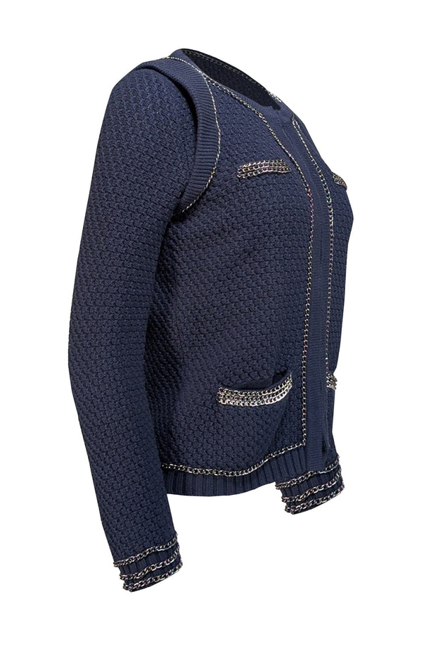 Current Boutique-Maje - Navy Cotton & Wool Blend Cardigan w/ Chain Trim Sz M