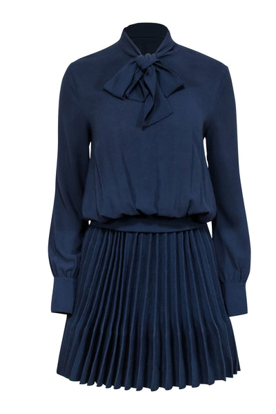 Maje - Navy Pleated Long Sleeve Dress w/ Neck Tie Sz 4 Maje - Navy Pleated Long Sleeve Dress w/ Neck Tie Sz 4