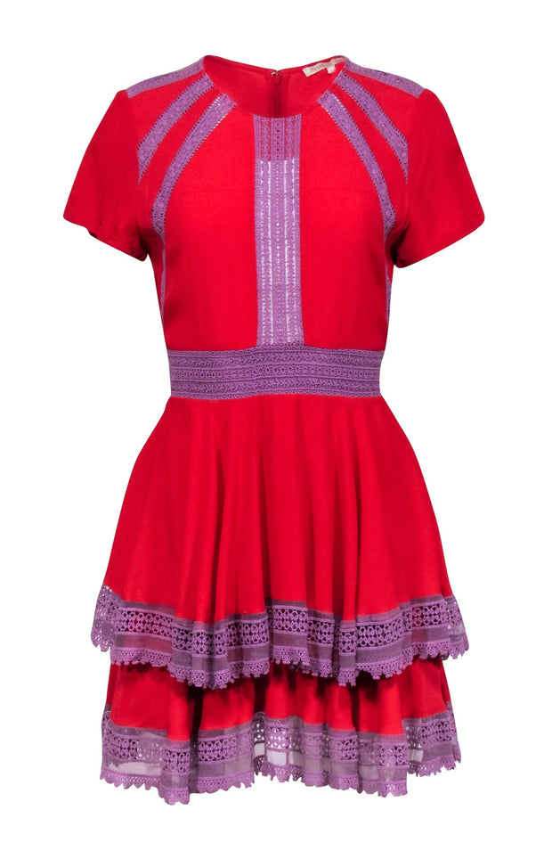 Maje - Red Ruffled A-Line Dress w/ Lavender Lace Trim Sz 4 Maje - Red Ruffled A-Line Dress w/ Lavender Lace Trim Sz 4