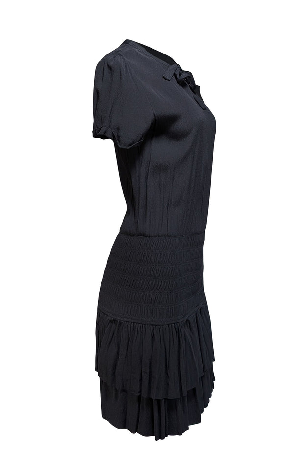 Current Boutique-Maje - Black Crepe Ruffled Drop Waist Mini Dress Sz 8