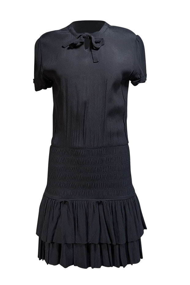 Current Boutique-Maje - Black Crepe Ruffled Drop Waist Mini Dress Sz 8
