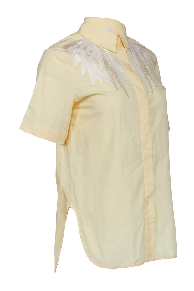 Current Boutique-Maje - Yellow Short Sleeve Button Front Top w/ White Embroider Shoulder Detail Sz S