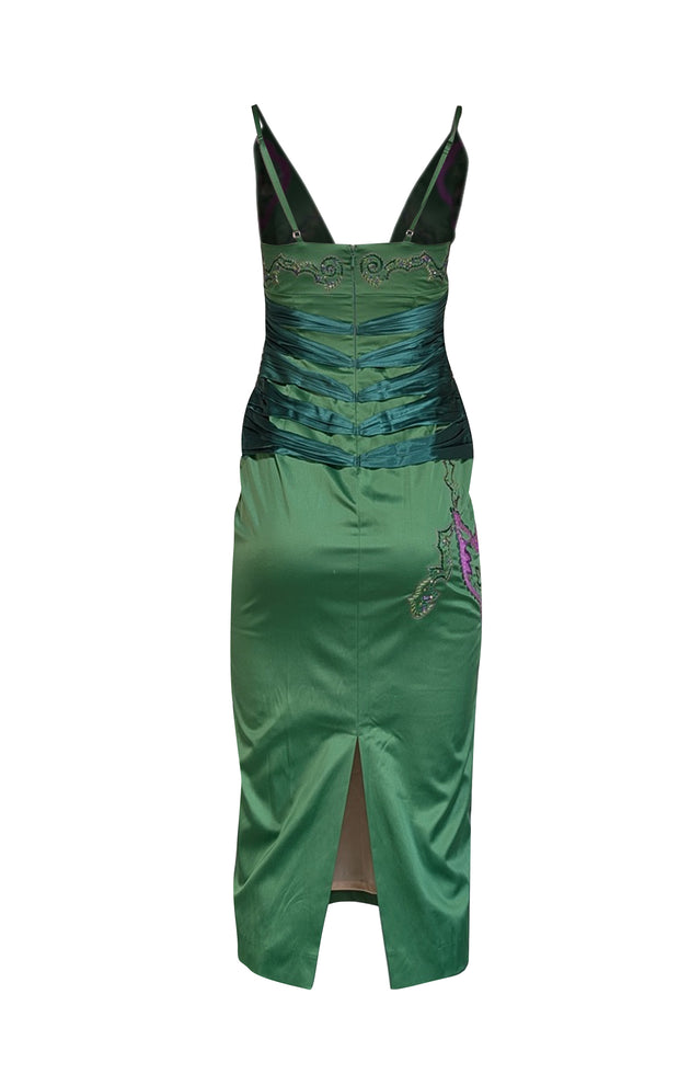 Mandalay - Green Sleeveless Midi Dress w/ Purple & Gold Sequin Embroidered Detail Sz 8 - Current Boutique