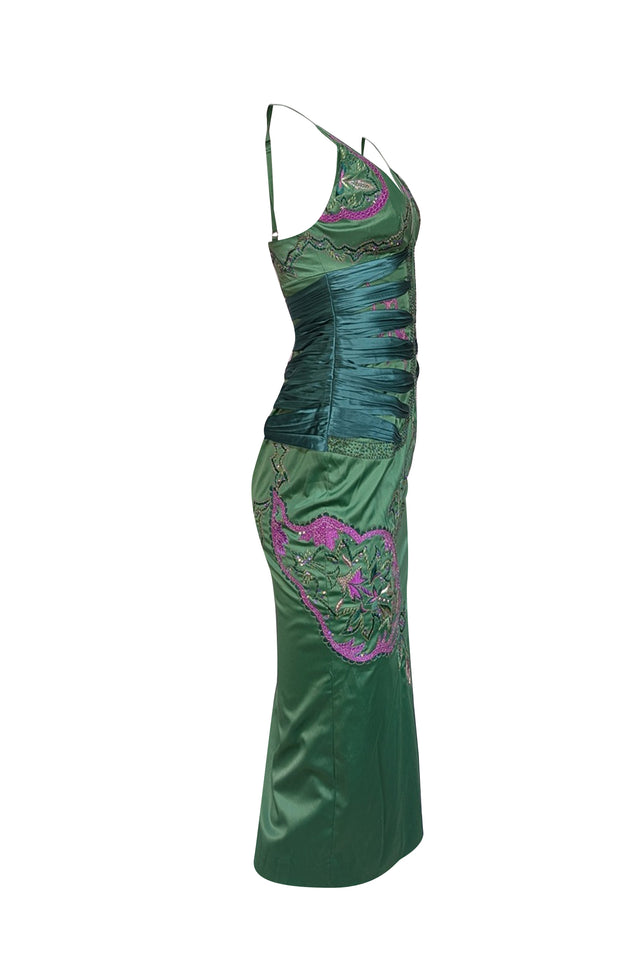 Mandalay - Green Sleeveless Midi Dress w/ Purple & Gold Sequin Embroidered Detail Sz 8 - Current Boutique