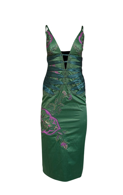 Mandalay - Green Sleeveless Midi Dress w/ Purple & Gold Sequin Embroidered Detail Sz 8 - Current Boutique
