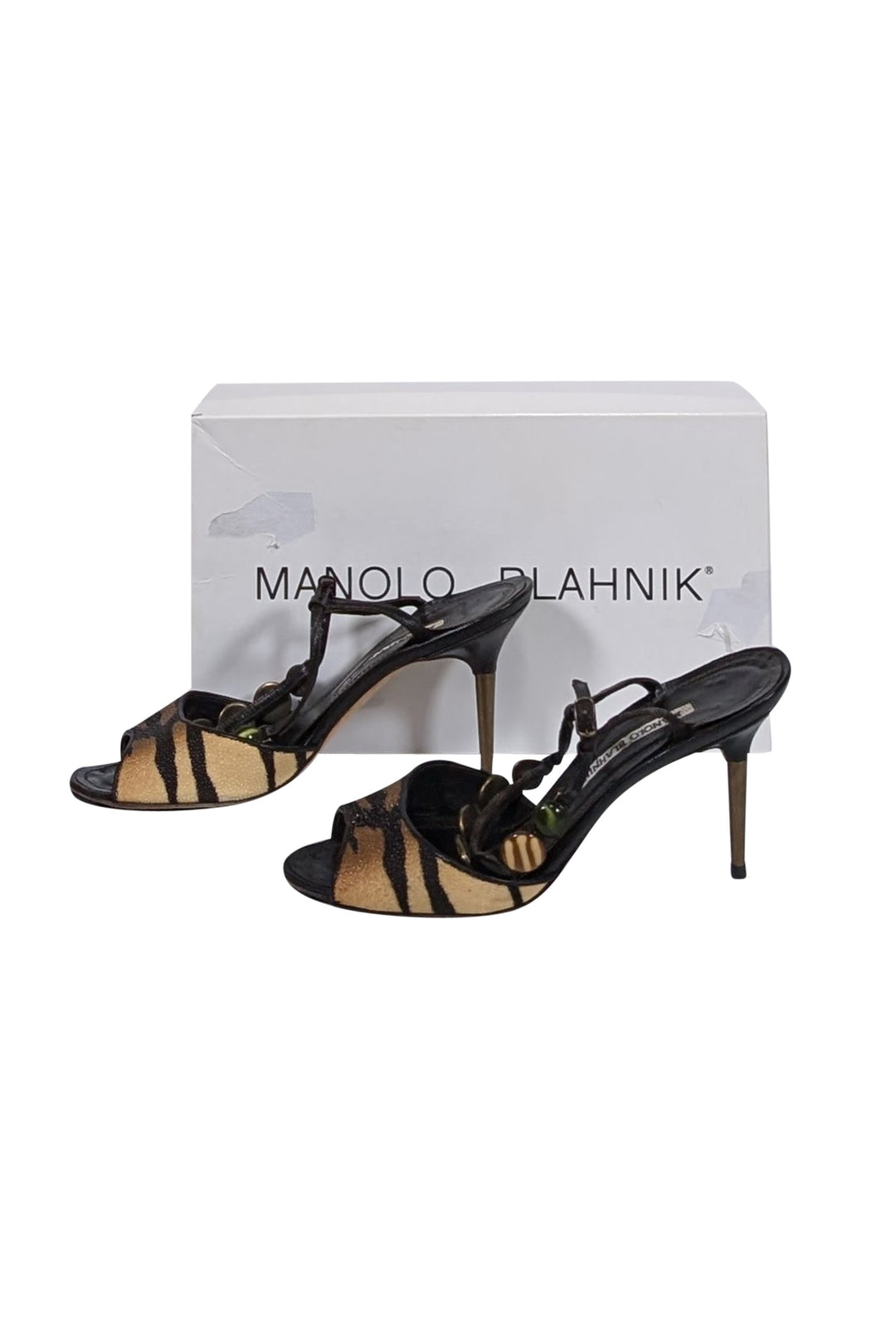 Manolo Blahnik - Brown & Beige Tiger Printed Stingray Leather Strappy