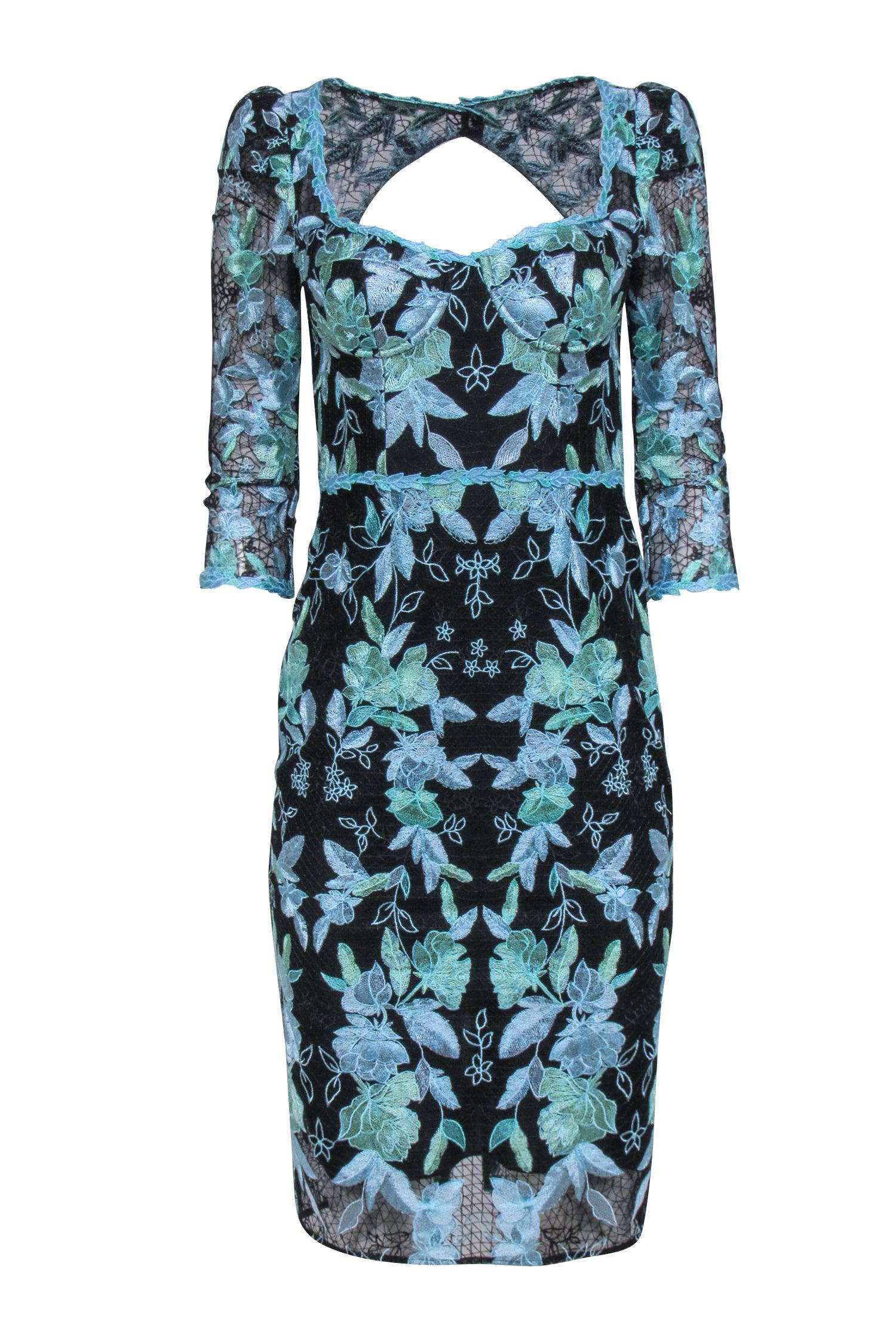 Marchesa Notte Black Blue Floral Eyelet Lace Dress Sz