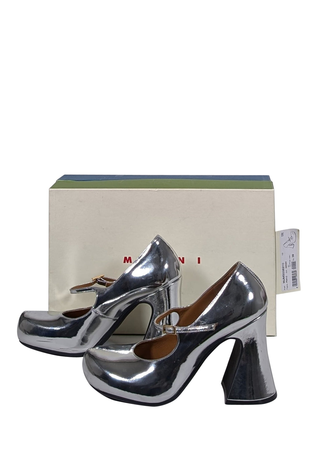 Marni - Silver Metallic Front Strap Mary Jane Heels Sz 9 | Current
