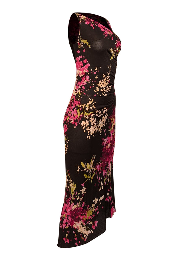 Max Mara - Black & Pink Floral Ruched Dress Sz 10 Max Mara - Black & Pink Floral Ruched Dress Sz 10