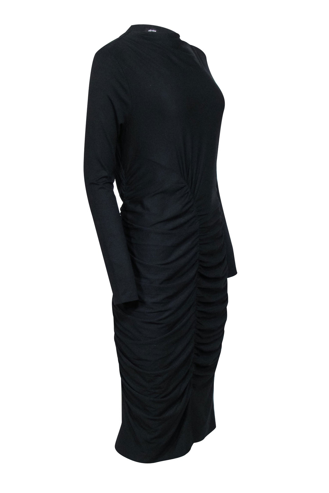 black ruched midi dress with sleeves Me & Em