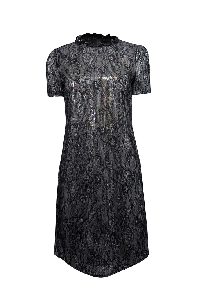 Michael Kors - Silver & Black Sequined Floral Lace Shift Dress Sz M