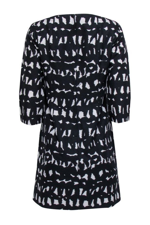 Milly - Black w/ Ivory Abstract Print Shift Dress w/ Leather Accent Sz Milly - Black w/ Ivory Abstract Print Shift Dress w/ Leather Accent Sz
