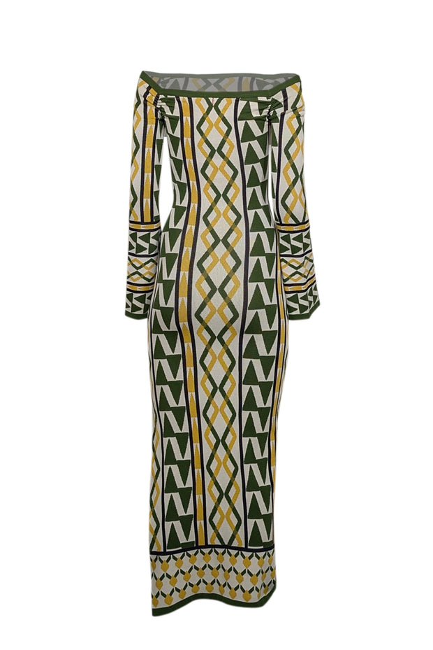 MISA Los Angeles - Green, Cream, & Yellow Print Off The Shoulder Dress