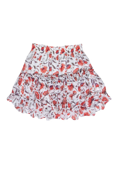 Current Boutique-MISA Los Angeles - Ivory w/ Red & Purple Floral Print Ruffled Mini Skirt Sz S