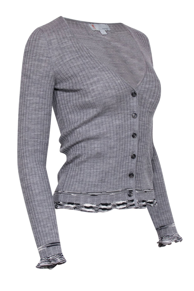 Current Boutique-Missoni - Grey Wool Blend Ribbed Cardigan w/ Ruffled Trim Sz 4
