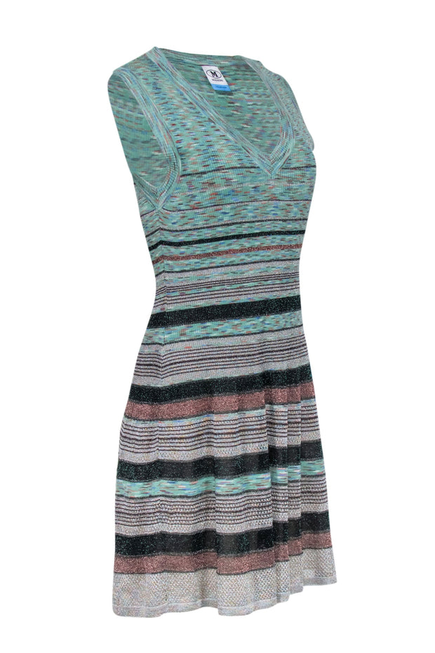 Current Boutique-Missoni - Green & Brown Metallic Striped Ribbed Knit Sleeveless Dress Sz 8
