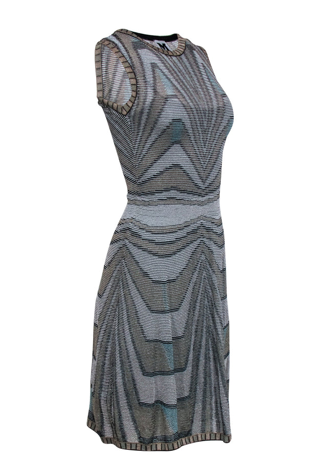 Current Boutique-Missoni - Beige, Black & Blue Metallic Chevron Pattern Sleeveless Dress Sz 4