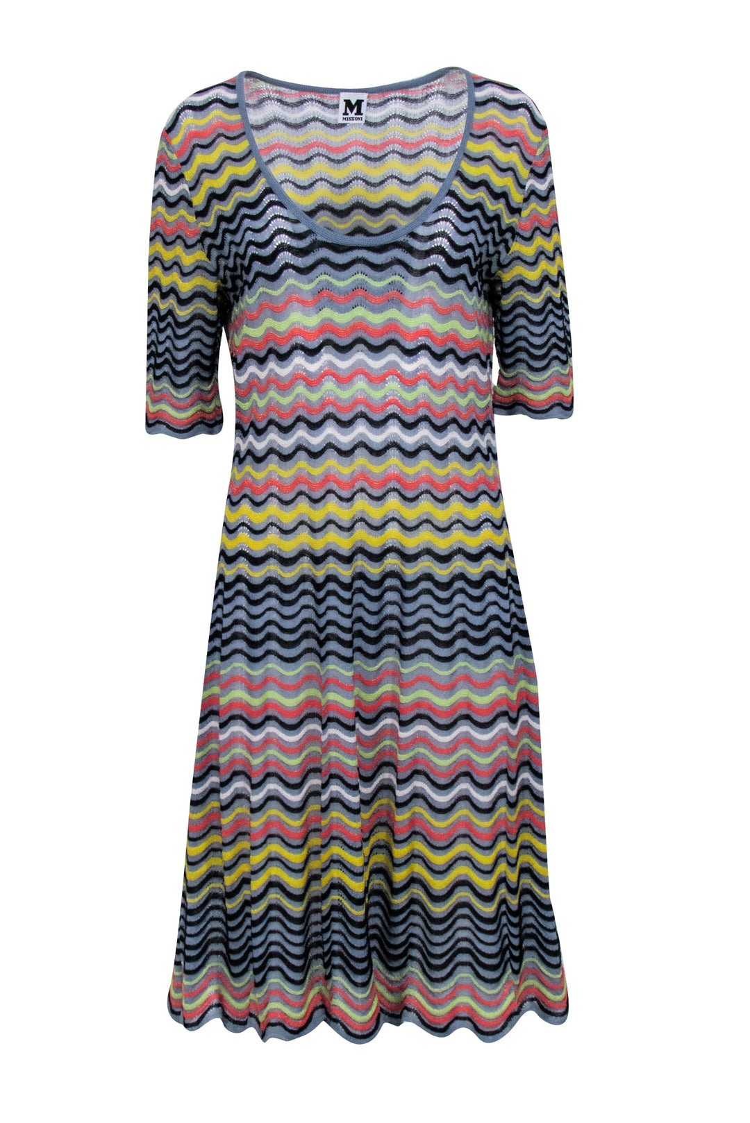 Missoni - Blue Knit Dress w/ Multicolor Metallic Wave Pattern Sz 12 Missoni - Blue Knit Dress w/ Multicolor Metallic Wave Pattern Sz 12