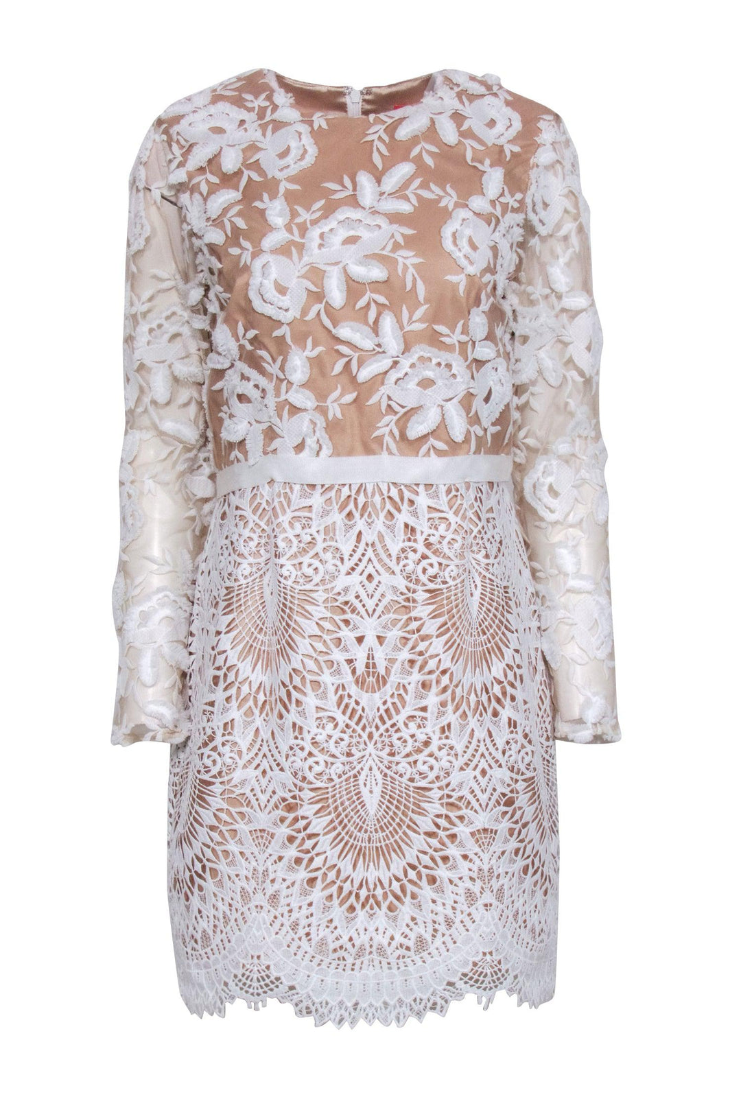 Monique Lhuillier - White & Beige Lace Cocktail Dress Sz 12 Monique Lhuillier - White & Beige Lace Cocktail Dress Sz 12
