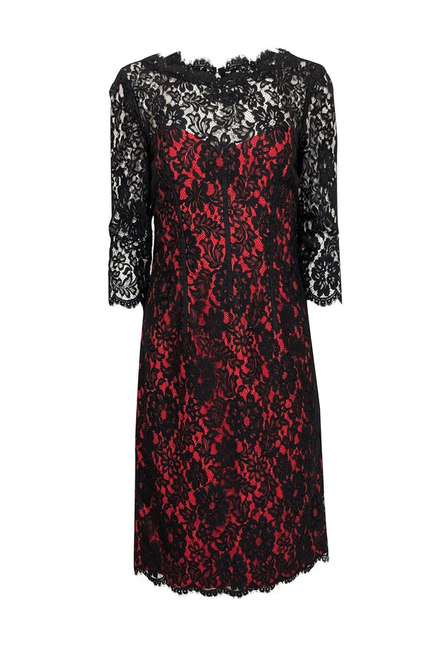 Monique Lhuillier - Black Lace w/ Red Underlay Open Back Cocktail Dres Monique Lhuillier - Black Lace w/ Red Underlay Open Back Cocktail Dres