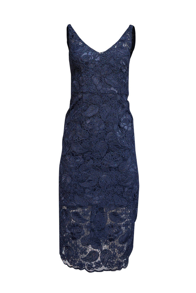 monique lhuillier navy lace dress Short Sleeve Lace Sheath 8 / Night Sky