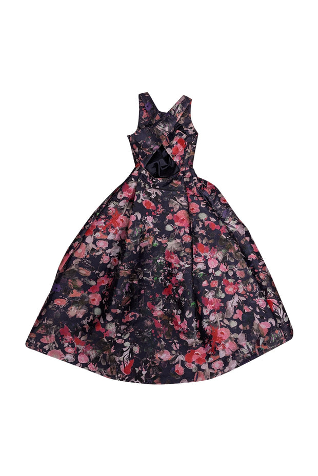 Monique Lhuillier - Navy & Multi Color Floral Cross Back Formal Dress Monique Lhuillier - Navy & Multi Color Floral Cross Back Formal Dress