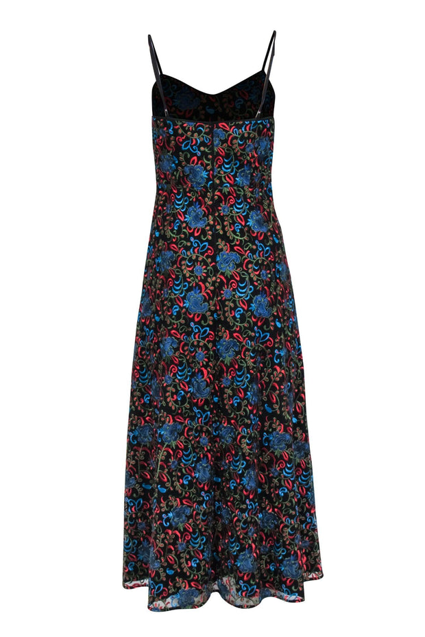 Monique Lhuillier - Black w/ Blue, Red & Green Floral Embroidery Midi Monique Lhuillier - Black w/ Blue, Red & Green Floral Embroidery Midi
