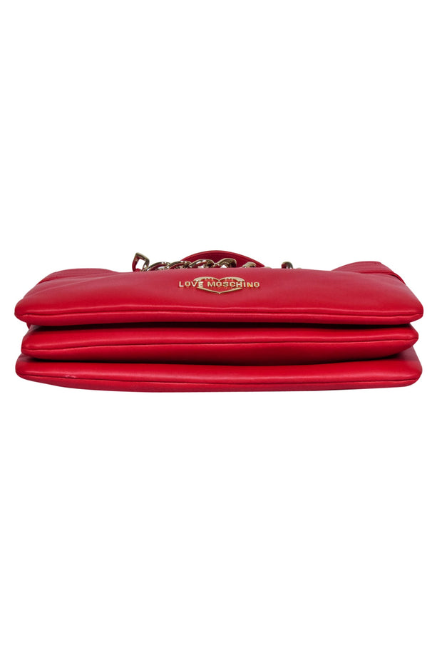Current Boutique-Love Moschino - Red Faux Leather w/ Gold Chain Heart Detail Satchel Bag