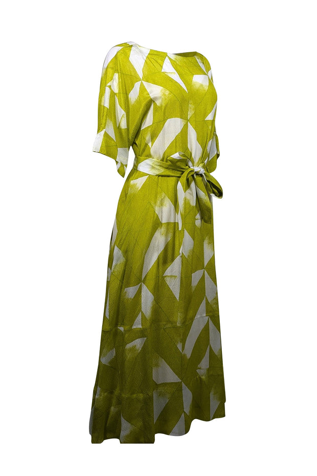Current Boutique-Natori - Chartreuse & White Print Silk Midi Dress Sz M