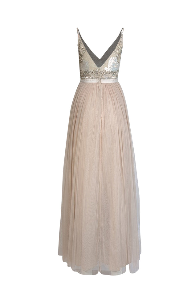 Needle & Thread - Beige Sequin & Beaded Bodice Tulle Bottom Formal Dre Needle & Thread - Beige Sequin & Beaded Bodice Tulle Bottom Formal Dre