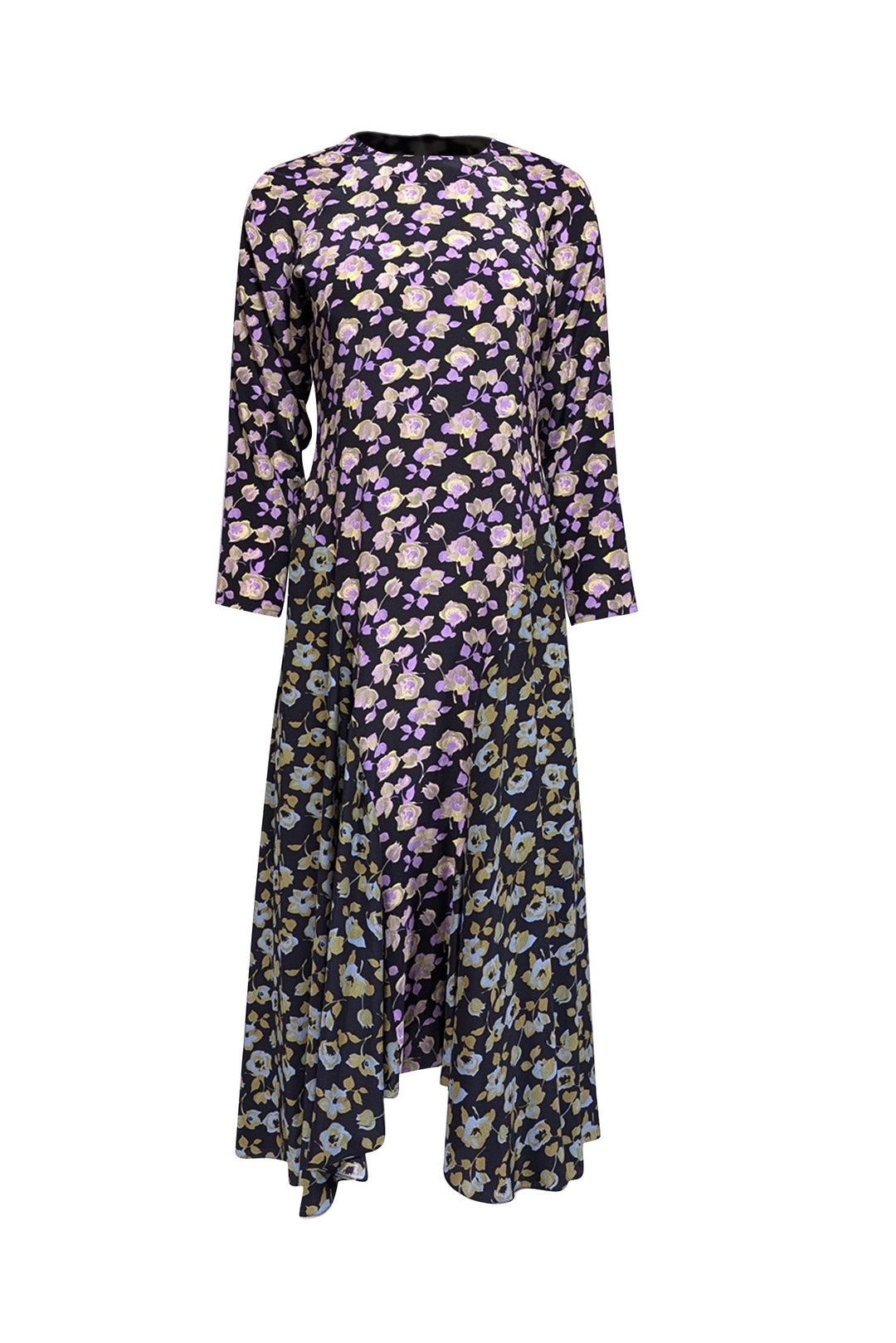 No.6 Store - Black w/ Purple, Blue, & Green Floral Print Silk Dress Sz No.6 Store - Black w/ Purple, Blue, & Green Floral Print Silk Dress Sz